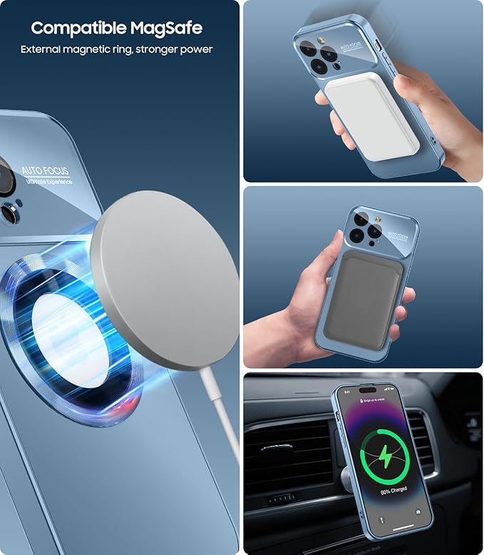 MAKAVO Magnetic for iPhone 12 Pro Max Case, Compatible with MagSafe, Built-in Camera Lens Protector, Logo View, Military Grade Drop Proof Phone Case Cover, Sierra Blue