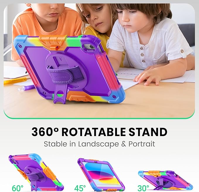 SEYMAC Case for iPad (A16) 11th/10th Generation 2025/2022 (11″/10.9″), Heavy Duty Full-Body Shockproof Protective Case with Screen Protector, Rotating Stand, Hand/Shoulder Strap, Colorful/Purple