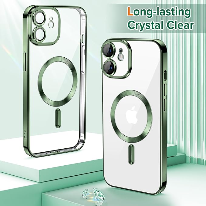 Hython Magnetic Clear for iPhone 12 Case with Camera Lens Protector [Compatible with MagSafe] Luxury Plating Edge Slim Soft TPU Cover Protective Phone Case for iPhone 12 6.1", Deep Green
