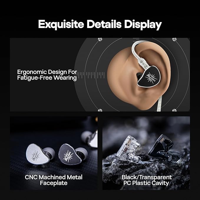 Linsoul Kiwi Ears Belle 10mm DLC Dynamic Driver in-Ear Monitor, HiFi Wired Earbuds with Dual Silver-Plated Cables, Professional IEM for Stage Performance/Gaming/Music Production (Typec MIC, Black)