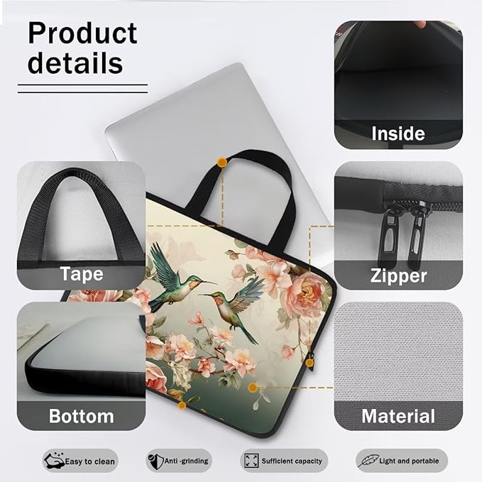 Hummingbird Laptop Sleeve for Women, Protective Computer Cover Case with Handle Briefcase Carrying Bag Compatible 12 Inch Notebook, Chromebook Computer, Vintage Floral