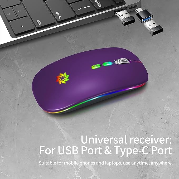 KBCASE Wireless Mouse, LED Wireless Mouse for Laptop, Slim Silent Mouse 2.4G Rechargeable Wireless Computer Mouse for Laptop, MacBook, iPad, Chromebook, with USB & Type-c Receiver
