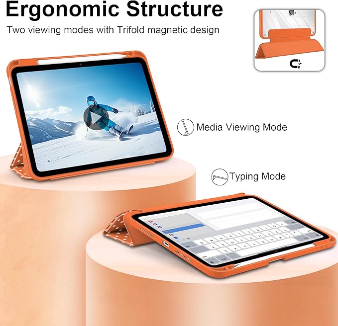Case for iPad Pro 11 Inch (M5 2025 M4 2024) – [Built-in Pencil Holder], Shockproof & Stylish, Clear Hard Back + Soft TPU Edge, Magnetic Trifold Stand, Auto Wake/Sleep, Orange White dot