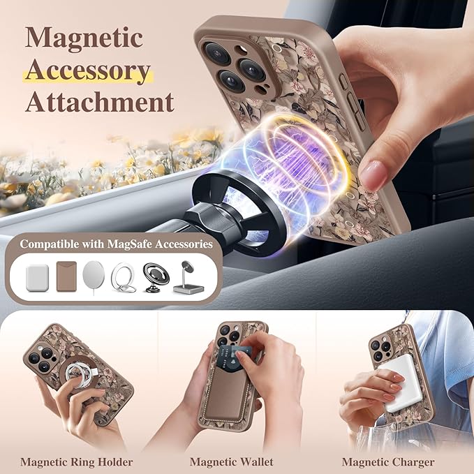 GVIEWIN for iPhone 15 Pro Max Case Compatible with MagSafe, [Military Grade Protection] [Screen Protector] Full Camera Protection Floral Translucent Women Magnetic Phone Case, Apricot Blossom/Brown