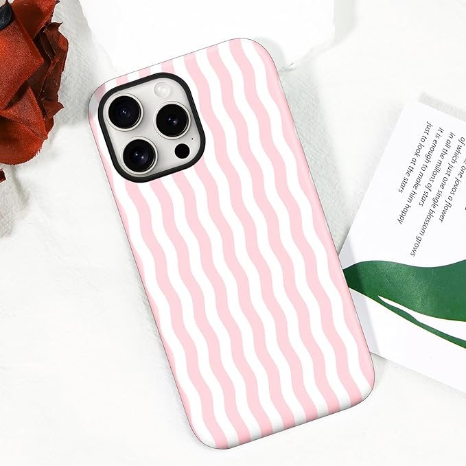 Magnetic for iPhone 15 Case Cute Wavy Stripes Phone Case, Shockproof Slim TPU and Hard PC Protective Phone Cover Compatible with MagSafe Designed for Women Girls, Pink