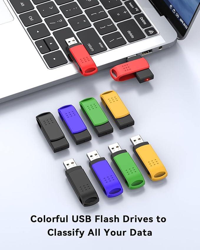 KEXIN 16GB Flash Drive 10 Pack USB 2.0 Thumb Drives Swivel Memory Stick Bulk USB Drive with LED Light - Green, Red, Black, Blue, Yellow