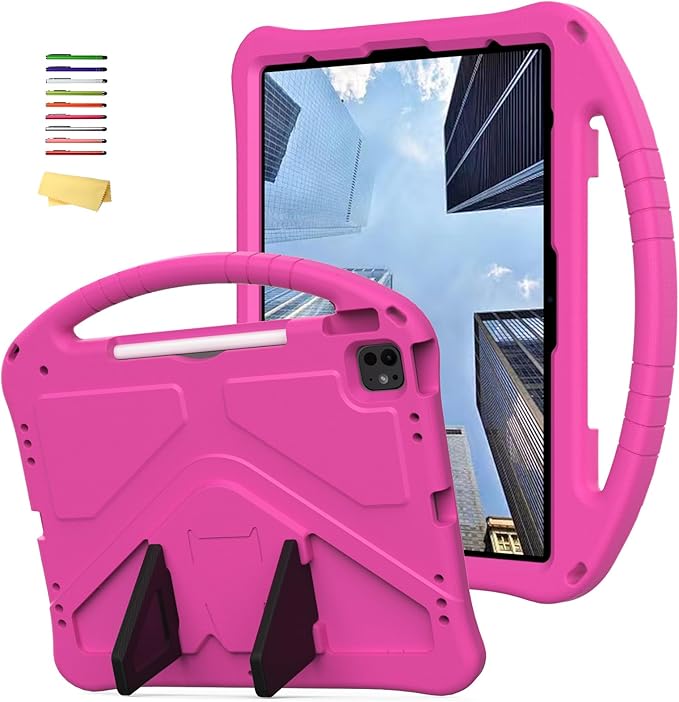 Kids Case for iPad Air 13 inch M4/M3/M2 (2026/2025/2024) with Pencil Holder/Shockproof Handle/Kickstand/Slim Lightweight Soft EVA Foam Folio Stand Tablet Protective Girls Boys Cover, Rose