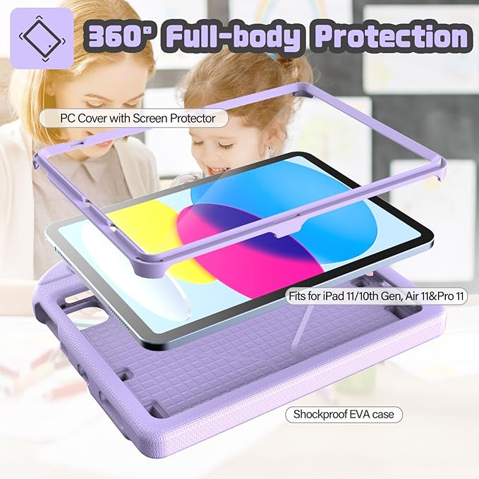 YIHE Kids Case for iPad (A16) 11th Generation 11 Inch 2025 & iPad 10th Generation 10.9 inch 2022, with Built-in Screen Protector and Stable Stand, Full Body Shockproof Protective Cover - Light Purple