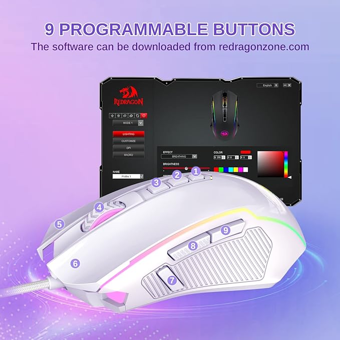 Redragon Gaming Mouse, Wired White Mouse with RGB Backlit, 8000 DPI Adjustable, PC Gaming Mice with 9 Programmable Macro Buttons & Fire Button, PC Gaming Mouse for Windows/Mac, White