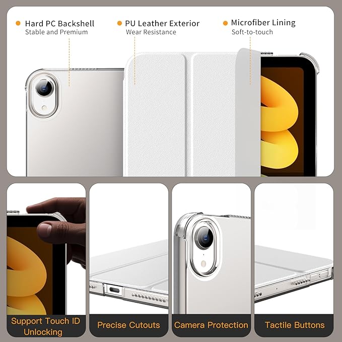 MoKo for iPad mini 7 (A17 Pro) Generation Case 2024, iPad mini 6 Case 2021, 8.3-inch Slim Lightweight Protective Hard Back PC Shell Stand Cover Support Touch ID, Auto Wake/Sleep, White