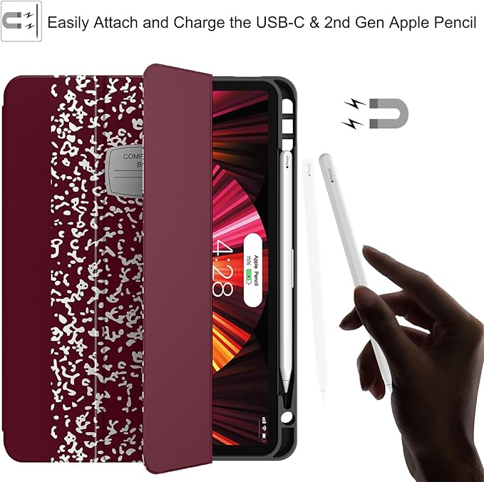 Soke for iPad Pro 11 Case (M2) 2022/2021/2020 with Pencil Holder - [Full Body Protection + Apple Pencil Charging + Auto Wake/Sleep], Soft TPU Back Cover for 2022 iPad Pro 11 inch(B-Book Wine)