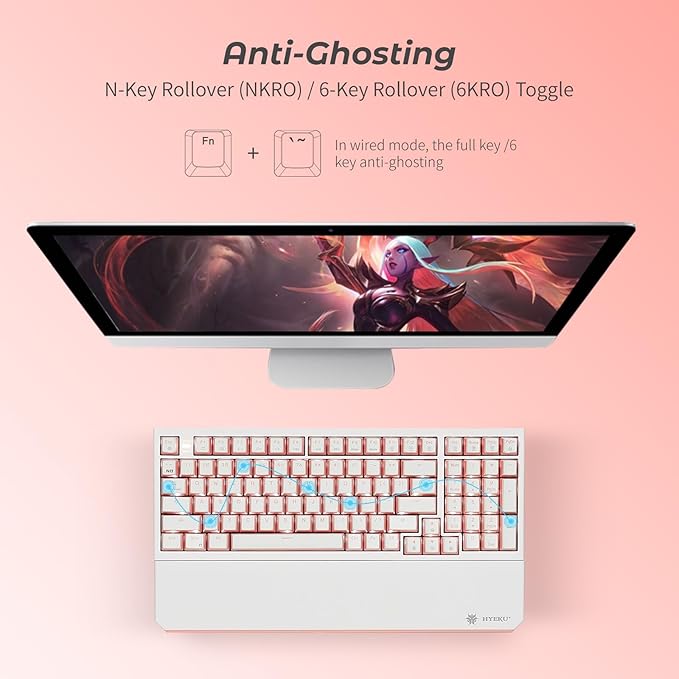 Hexgears X4 Wireless Mechanica Keyboard, 99-Key Clicky Switch White Backlit Gaming Keyboard - NKRO 2.4G/USB-C with Wrist Rest, Pudding Keycaps-White/Pink