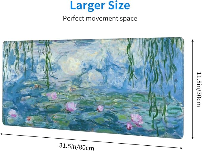 Mouse Pad Stitched Edge XL Large Mousepad 31.5" X 12" Rubber Base Non Slip Desk Mat for Laptop Pc Computer Gaming Monet Water Lilies