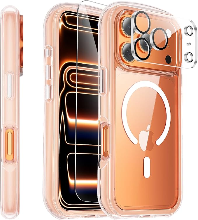 3-in-1 Air for iPhone 17 Pro Case with Screen Protector & Camera Lens Protector,[Fits MagSafe][Military-Grade Protection] [4-Side Built-in Airbag] Shockproof Case for 17Pro (Clear-White)