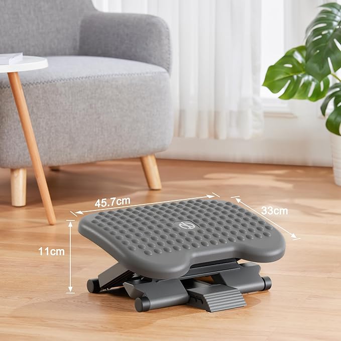 HUANUO Adjustable Desk Footrest, Foot Rest for Under Desk at Work with Massage, Adjustable Foot Stool with 3 Height Position & 30 Degree Tilt Angle Adjustment for Home, Office, Gray