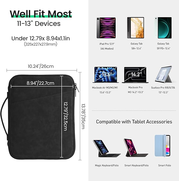 DTTO Tablet Sleeve Bag for New 13 Inch iPad Pro M4/iPad Air M2 2024, 12.9 Inch iPad Pro 6/5/4/3, 12.4 Inch Galaxy Tab S8+/S9+/S9 FE+, Surface Pro 9/8, Waterproof Travel for iPad Case Bag, Black