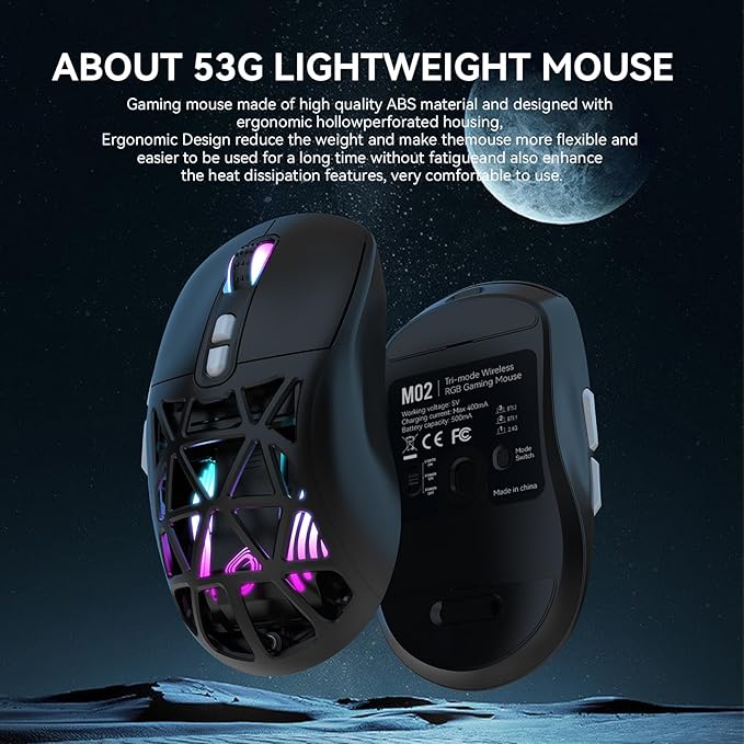 FD Wireless Gaming Mouse,Rechargeable RGB Programmable Macro Mouse,10000 DPI,Tri-Mode 2.4GHz/BT 5.0 with Wired,3.7V 500mAh Built-in Battery for Laptop Desktop PC MacBook Chromebook - Black