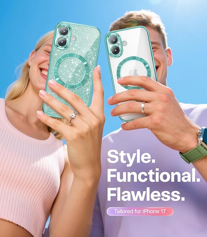Meifigno Designed for iPhone 17 Case 6.3", [Glitter Card & Wrist Strap] [Compatible with MagSafe] [2X HD Screen Protectors] Surround Raised Lens Protection for iPhone 17 Case 6.3 Inch, Teal