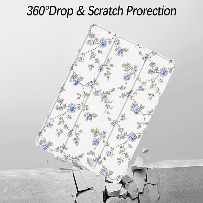 Case for iPad 9th / 8th / 7th Generation (2021/2020/2019) 10.2 inch, Case with Pencil Holder, Stand Clear Back Cover Cute Cool Design for Women Girls, Auto Sleep/Wake, Blue Rose