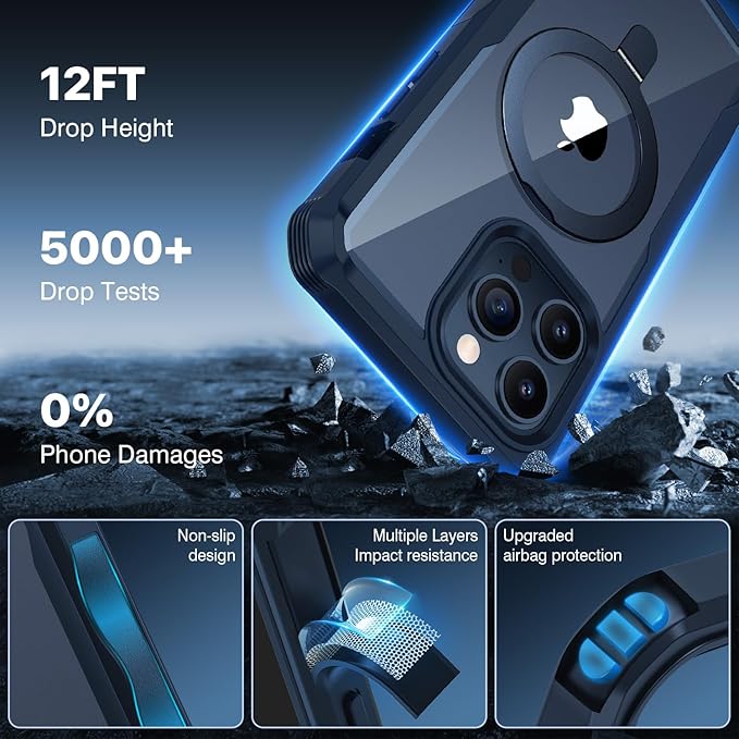 CENHUFO Privacy for iPhone 15 Pro Case, Full Body Phone Case [Compatible with Magsafe] Built-in 9H Tempered Glass Privacy Screen Protector and Magnetic Ring Stand, Clear Camera Lens Cover - Blue