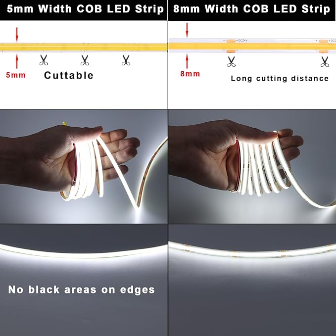TOPAI 12V Thin 5mm COB LED Strip Light 6000K Cool White 16.4ft Bright 4000Lm CRI>90 Uniform Dotless 400LEDs/M Adhesive Flexible Cuttable LED Tape for DIY, Bedroom, Under Cabinet Lighting