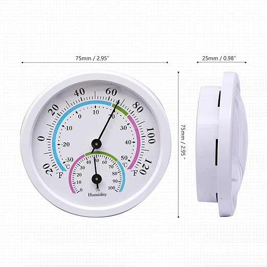 Mini Indoor Thermometer Hygrometer Analog 2 in 1 Temperature Humidity Monitor Gauge for Home, Room, Outdoor, Offices, Display Mechanical Diameter 75mm-2 Pack (No Battery Needed)-White