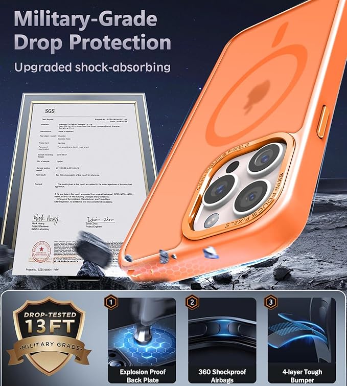 Newfuture Magnetic for iPhone 15 Pro Case [Compatible with Magsafe] [Military Grade Drop Protection] Translucent Matte Anti-Fingerprint Shockproof Phone Case for iPhone 15 Pro 6.1 inch, Orange
