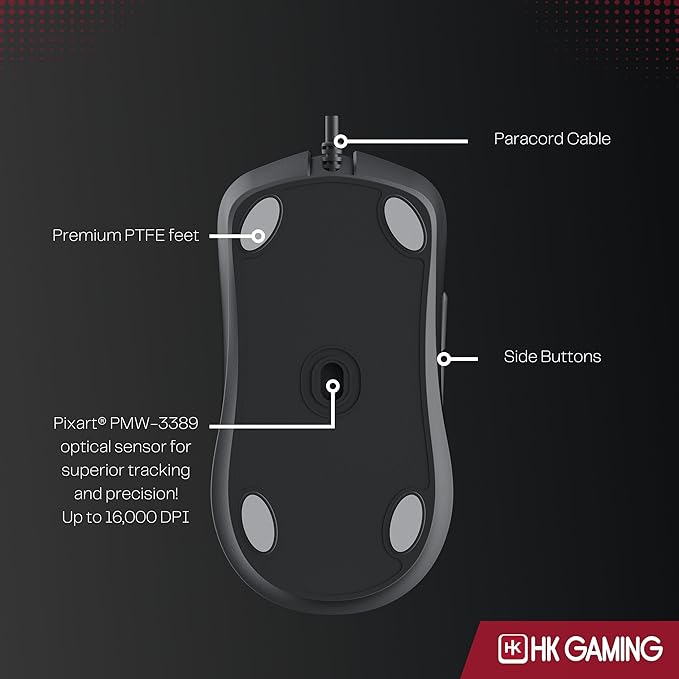 HK GAMING Mira XM1 Ultra Lightweight Gaming Mouse | 58 Grams | max 16000 cpi | 1kHz USB Wired | 6 Buttons | Anti Slip Grips (Black)