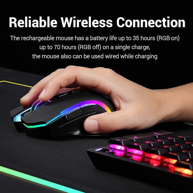 Redragon M602 Griffin RGB Gaming Mouse, RGB Spectrum Backlit Ergonomic Mouse with 7 Programmable Backlight Modes up to 8000 DPI for Windows PC Gamers (Black, Wireless)