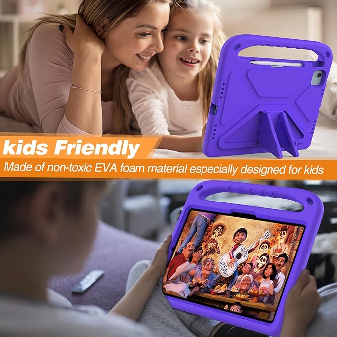 Kids Case for Apple iPad Air 11 inch M4/M3/M2 (2026/2025/2024) with Pencil Stylus Holder/Handle/Kickstand Slim Lightweight Cute Soft Shockproof EVA Folio Stand Protective Tablet Cover, Purple