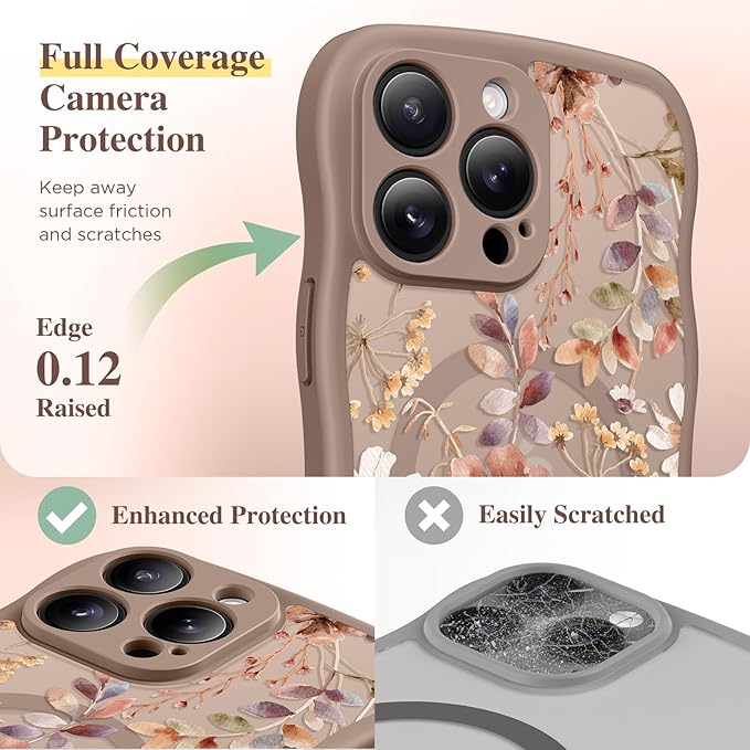 GVIEWIN for iPhone 15 Pro Max Case Compatible with MagSafe [Curly Wave Edge][Full Camera Protection] Floral Translucent Shockproof Magnetic Women Phone Case for 15 Pro Max 6.7'', Corn Poppy/Brown