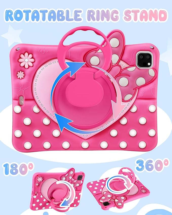 Boaretiu Kids Case for iPad Air 11" (Air M4 2026, 8th Gen/M3 2025/M2)/Air 5th/4th Generation 10.9"/Pro 11" 4th/3rd/2nd/1st - Cute Girly Cartoon Silicone Cover with Strap Stand for Girls, Bow Heart