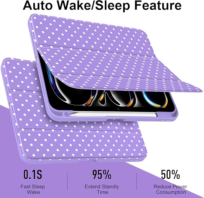 Case for iPad Pro 11 Inch (M5 2025 M4 2024) – [Built-in Pencil Holder], Shockproof & Stylish, Clear Hard Back + Soft TPU Edge, Magnetic Trifold Stand, Auto Wake/Sleep, Purple White dot