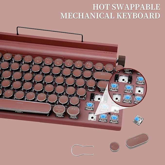 Adventurers Retro Typewriter-Style Mechanical Keyboard, 83 Keys, 75% Compact Layout, Bluetooth 5.0 and Wired, Hot-Swappable Blue Switch, White Backlit for Windows/Mac/iPad/PC/Laptop (Rose Red)