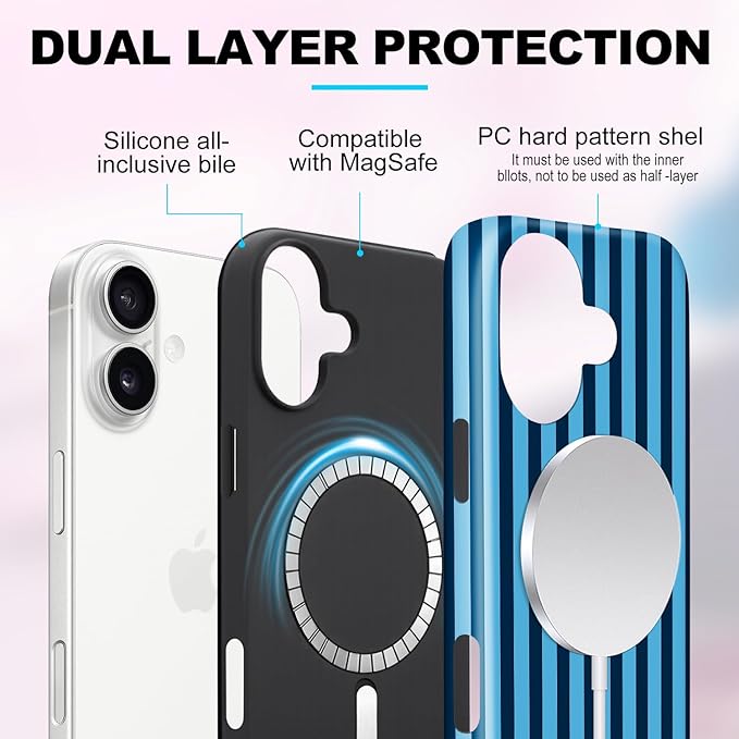 Magnetic for iPhone 16 Plus Case Cute Stripes Phone Case, Shockproof Slim TPU and Hard PC Protective Phone Cover Compatible with MagSafe Designed for Women Girls, Lake Blue