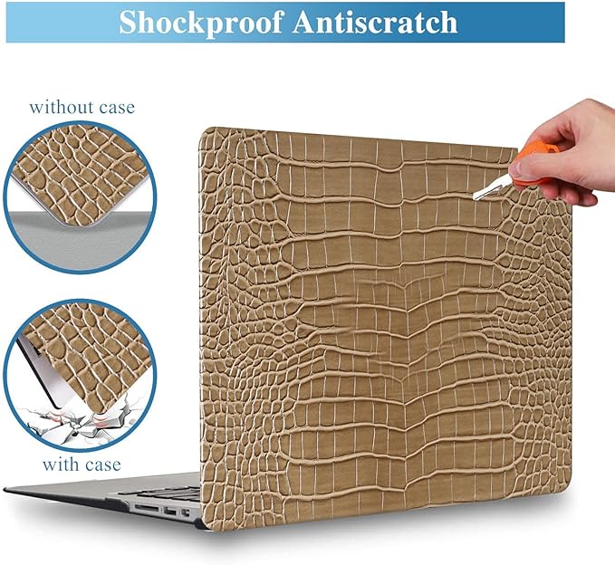 Compatible with Crocodile MacBook Air 13 inch Case 2021 2020 2019 2018 M1 A2337 A2179 A1932, Textured Elegant Luxury Aligator Skin Snakeskin PU Leather Hardshell Case & Keyboard Cover, Brown