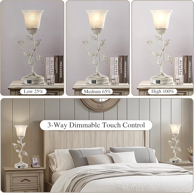 Set of 2 Rustic Touch Table Lamps for Bedroom, 3-Way Dimmable Nightstand Flower Lamp with 2 USB Ports, Retro White Glass Shade Leaf Lamp for Living Room Entryway, 2 LED Bulb Included