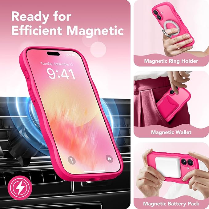 CAPRARO Magnetic for iPhone 17 Case for Women Girls, Upgraded [Full Camera Protection] [Compatible with MagSafe] Cute Wave Translucent Matte Phone Case for iPhone 17, Hot Pink