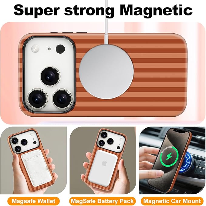 Magnetic for iPhone 17 Pro Case Cute Stripes Phone Case, Shockproof Slim TPU and Hard PC Protective Phone Cover Compatible with MagSafe Designed for Women Girls, Deep Brown