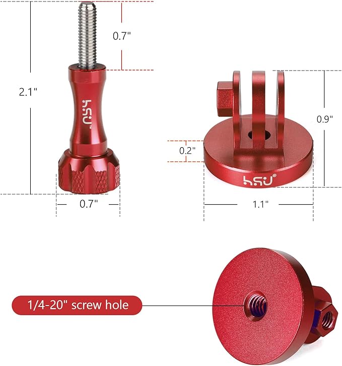 HSU Aluminum Tripod Mount Adapter for GoPro, Hero 12/11/10/9/8/7/6/5/4/3 Action Camera Monopod Mount with Thumbscrew (Red)