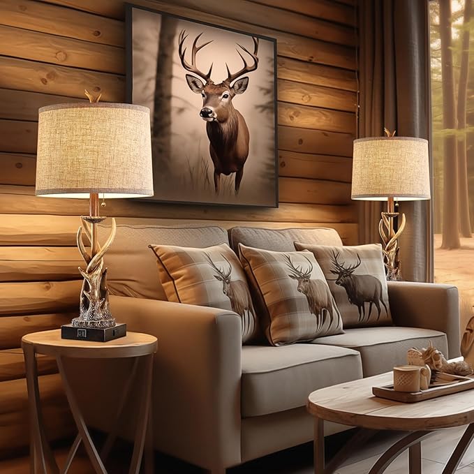 Rustic Deer Antler Table Lamps Set of 2 for Bedroom Farmhouse Bedside Lamps with USB A+C Ports for Living Room End Table Hunting Themed Cabin Lamp Pull Chain Linen, Bulbs Not Included