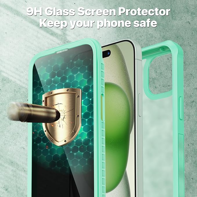 CENHUFO Privacy for iPhone 15 Plus Case, Full Body Phone Case with Built-in 9H Tempered Glass Privacy Screen Protector and Camera Lens Protector, Anti Peep Spy Shockproof Bumper Clear Cover -Green