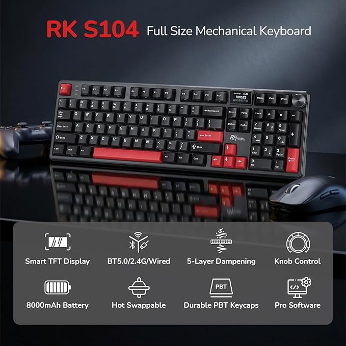 RK ROYAL KLUDGE S104 Wireless Mechanical Keyboard w/Screen & Knob, Full Size Gaming Keyboard with 8000mAh Battery, RGB Backlit Hot Swappable Pre-lubed Switches, Creamy Sounding Computer Keyboards
