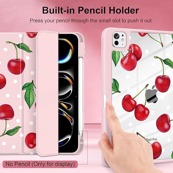 TWOLSKOO Case for iPad Pro 11-inch (M5 2025 / M4 2024), Clear Acrylic Back with TPU Bumper, Pencil Holder, Trifold Stand, Auto Sleep/Wake, Cherries