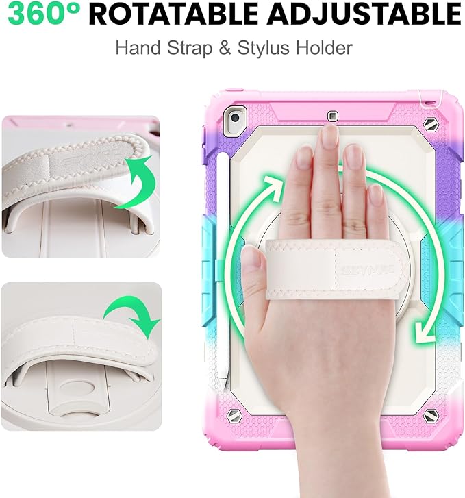 SEYMAC Kids Case for iPad 9th/8th/7th Generation 10.2", Full-Body Shockproof Heavy Duty Protective Case with Screen Protector, Rotating Stand/Handle/Shoulder Strap, Colorful Pink