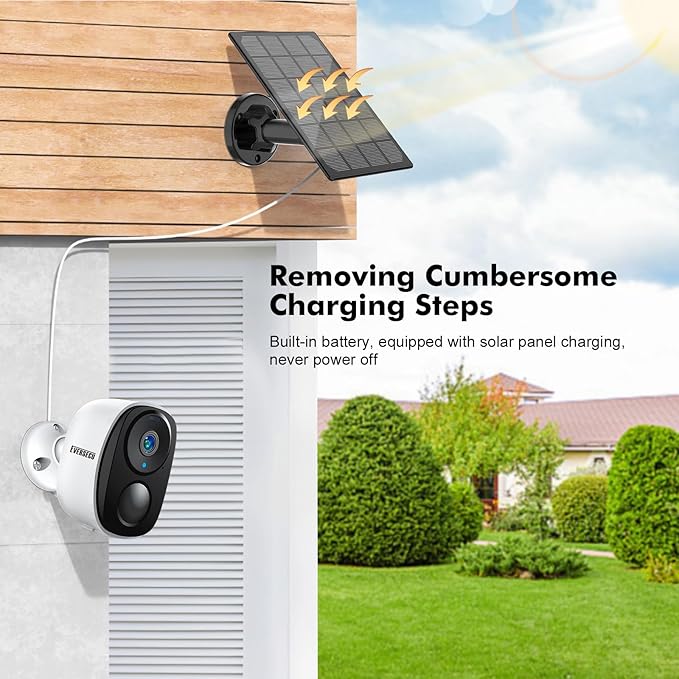 EVERSECU 2K 3MP Solar-Powered Wireless Security Camera Support Pairing Via Bluetooth, Outdoor WiFi Home CCTV Bullet Camera, Spotlight, PIR Motion Detection, 2-Way Audio, Compatible with Alexa(4pack)