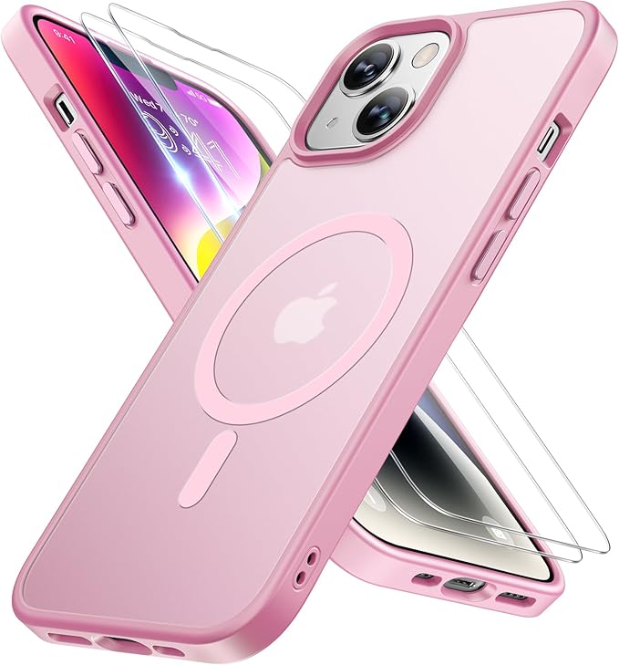 Miracase Magnetic for iPhone 14 Plus Case 6.7 inch (Compatible with MagSafe)（with 2X Screen Protectors） Military-Grade Protection, Anti-Fingerprint Translucent Matte Phone Case Cover, Mes Pink