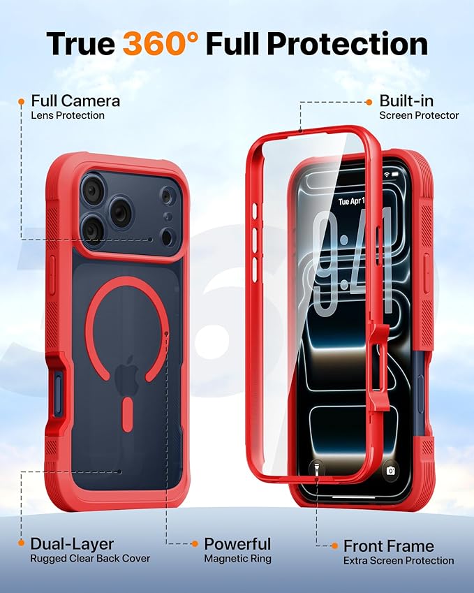 Diaclara Magnetic Designed for iPhone 17 Pro Case 6.3'' Full Body Bumper,[Compatible with MagSafe] Military Drop Proof Phone Case with Built-in Screen Protector,Easy Install,No Gap,Red