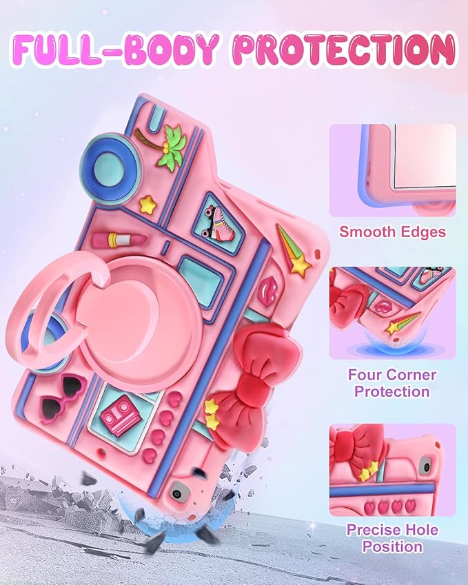 for iPad 6th/5th Generation Case, Air 1st/Air 2nd, for iPad Pro 9.7 Inch Case - for Girls Cute Girly Kawaii 3D Cartoon Design with Rotating Stand Handle & Shoulder Strap Silicone Cover