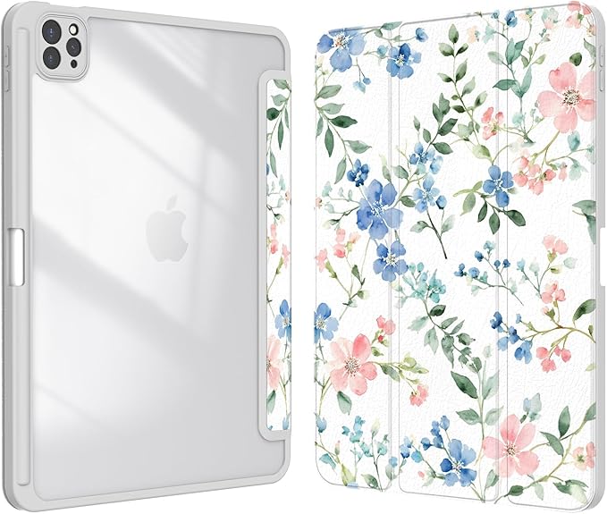 Case for iPad Pro 11 inch 4th/ 3rd/ 2nd / 1st Generation (2022/2021/2020/2018), Case with Pencil Holder, Clear Back Cover Cute Cool Design for Women Girls, Auto Sleep/Wake, Blue Pink Flower